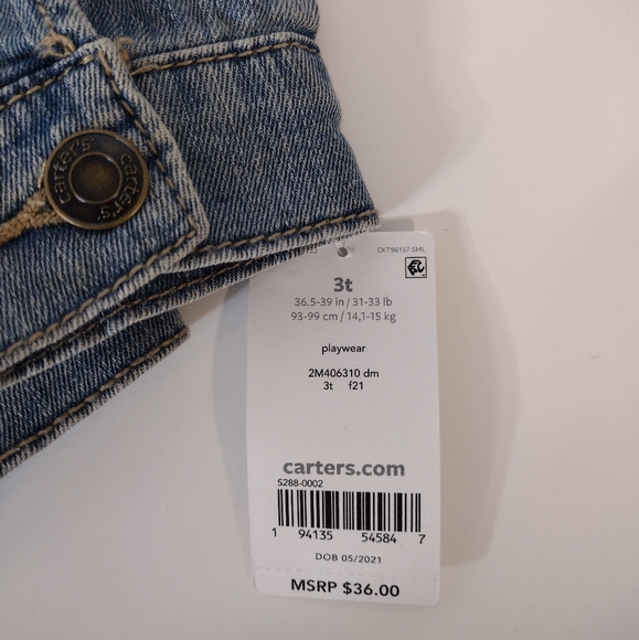 NWT! Carter's Jean jacket Toddler Size 3T - Picture 2 of 7